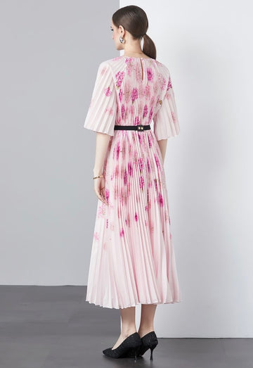 Floral Pleated Dress With Belt - Pink